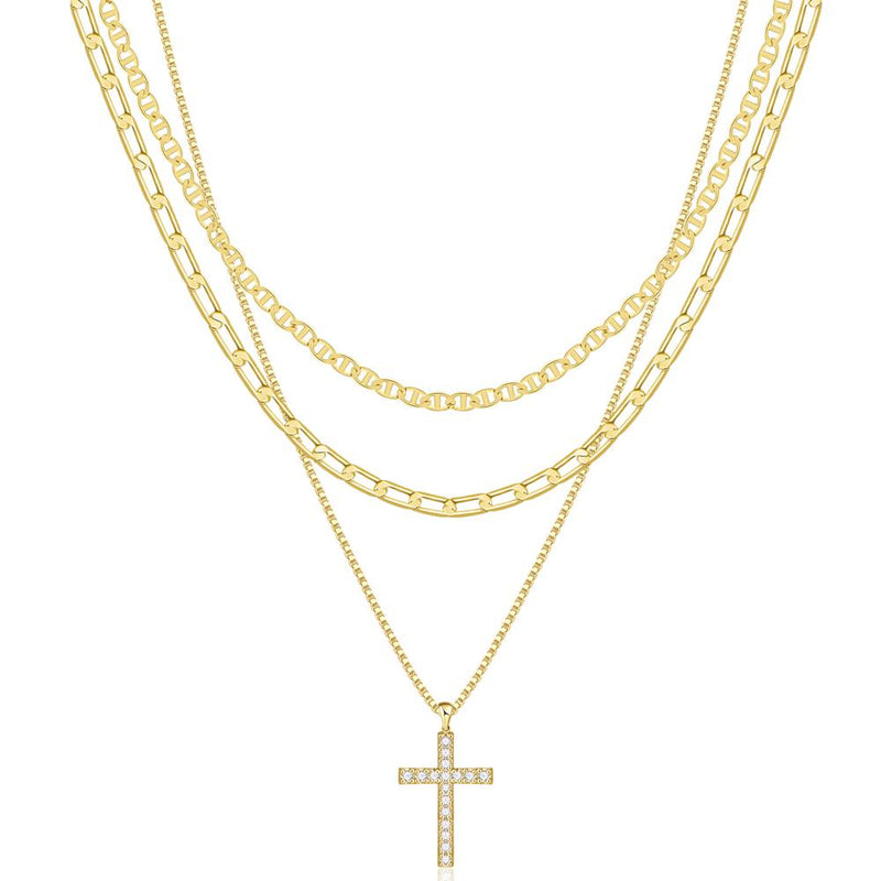 3pc 14k Layered Cross Necklace Stack