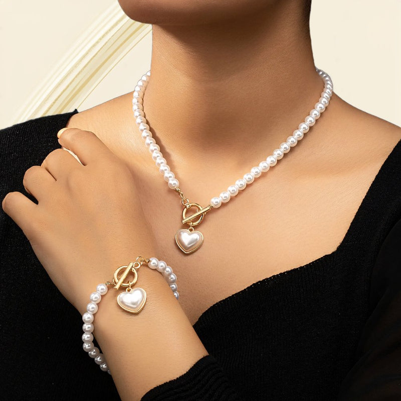 2pc Beaded Heart Pendant Bracelet and Necklace Set