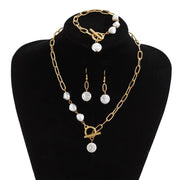 Classy Paperclip Pearl Necklace, Bracelet, and Earrings Set
