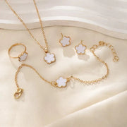 Dainty Lucky Floral Clover Necklace, Bracelet, Earrings, and Rings Set