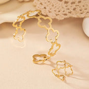 Dainty Open Clover Adjustable Bracelet and Ring Set