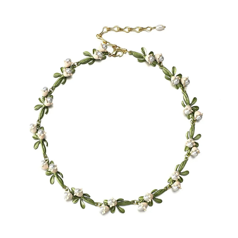Lily of the Valley Pearl Choker Necklace, Bracelet, and Earrings Set