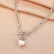 Paperclip Chain Circle Lock Heart Pendant Necklace